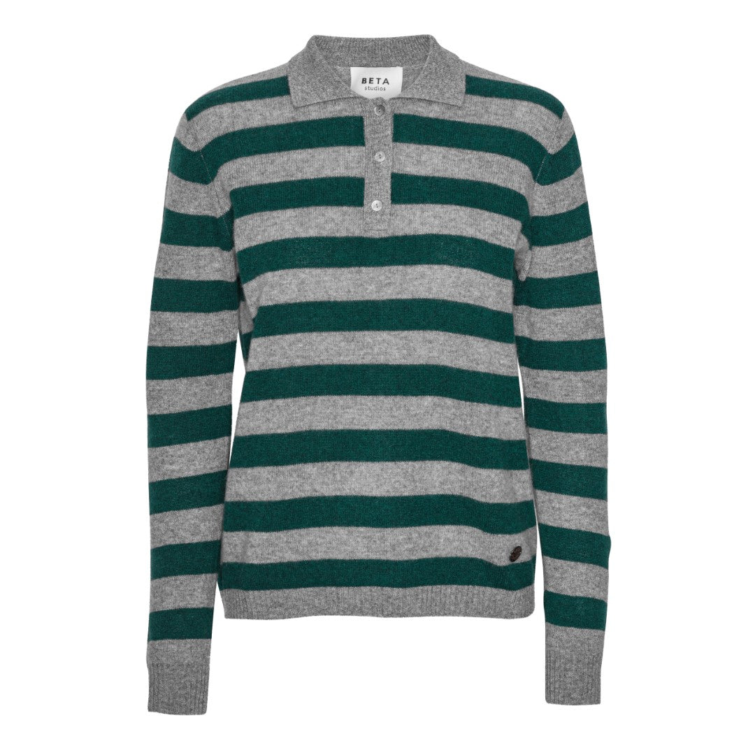 Beta Studios Lizzie Polo Stripes Cashmere Tops Grey Melange/Botanical Green