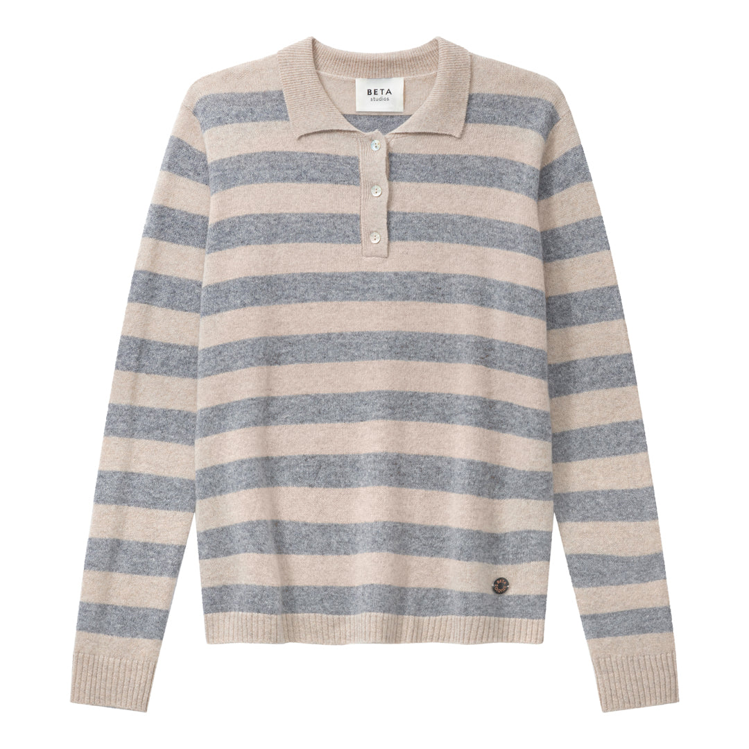 Beta Studios Lizzie Polo Stripes Cashmere Tops Sand Melange/Grey melange
