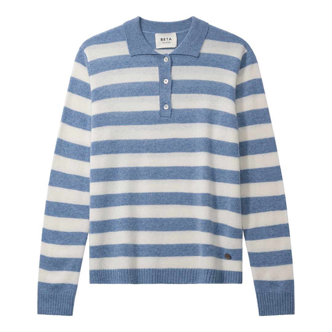 Beta Studios Lizzie Polo Stripes Cashmere Tops Turtle Dove Blue/Almost White