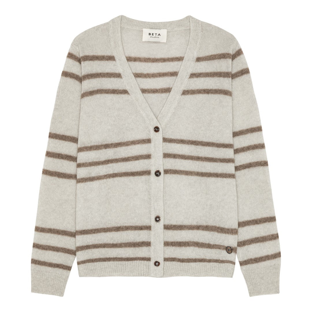 Beta Studios Malou Stripe Cardigan Cashmere/Silk Top Funghi Brown/Antarctica Grey