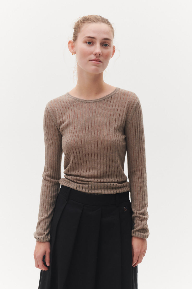 Beta Studios Manon Long Sleeve Pointelle Silk/CashmereTops Aluminium