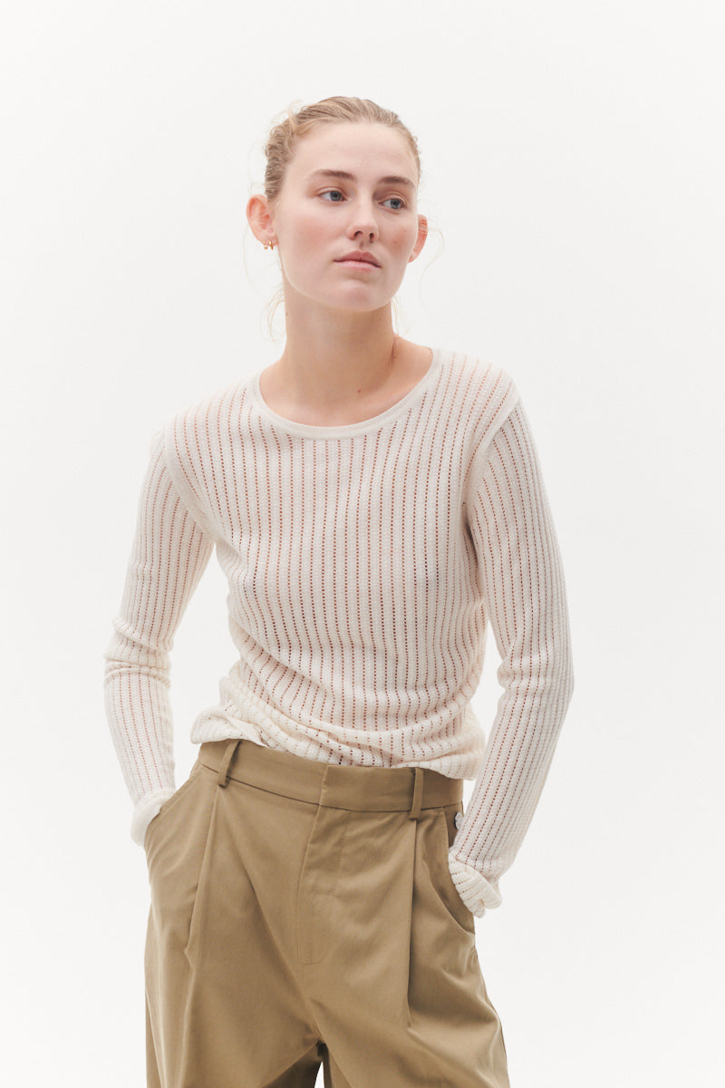 Beta Studios Manon Long Sleeve Pointelle Silk/CashmereTops Egret White