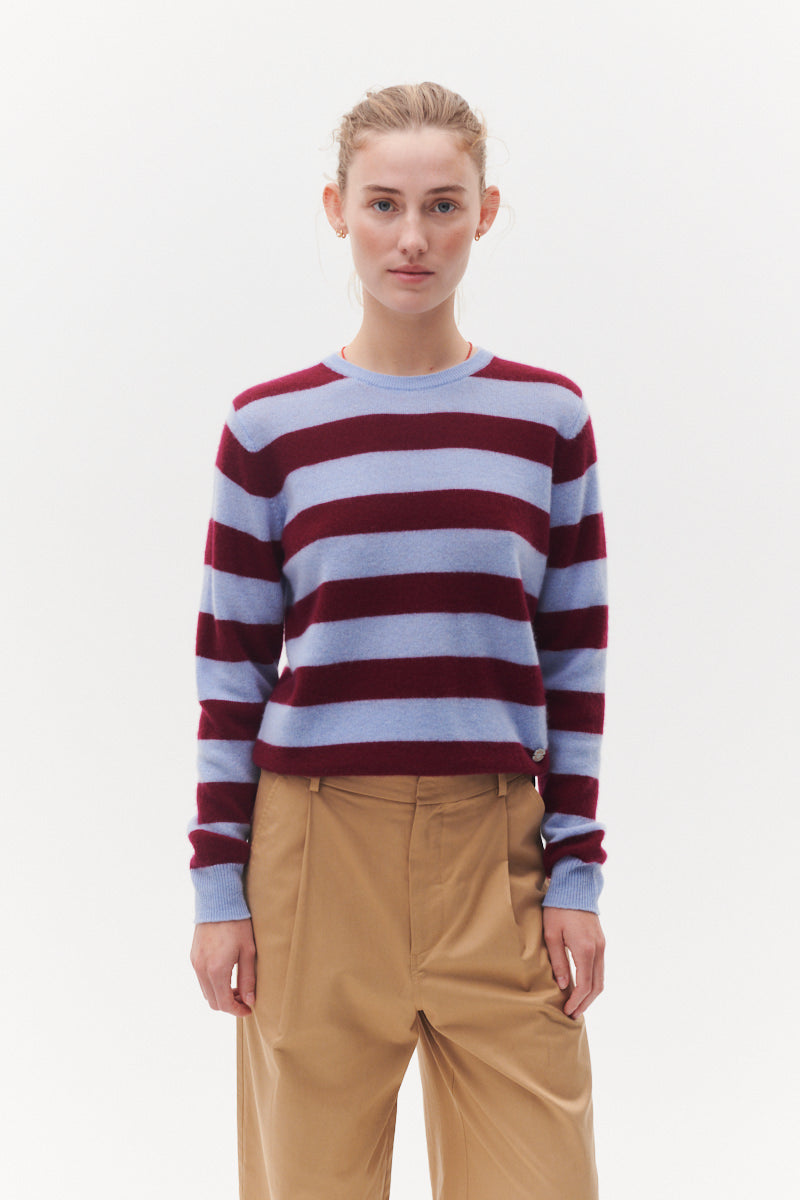 Beta Studios Margot Stripe O-Neck Cashmere Tops Cerulean Blue/Pomegranate