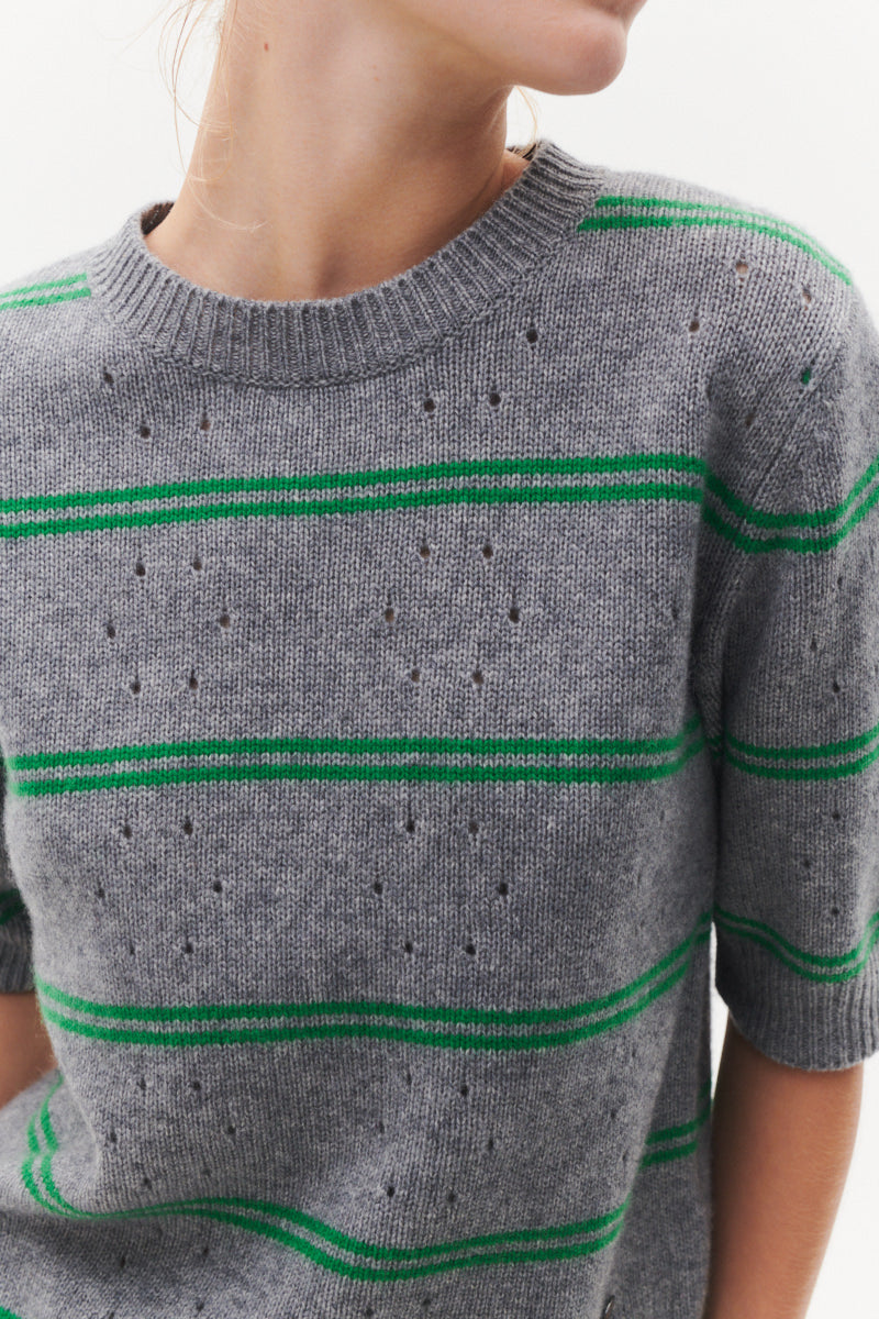 Beta Studios Mille Short Sleeve Uld/Cashmere Tops Grey Melange/Emerald