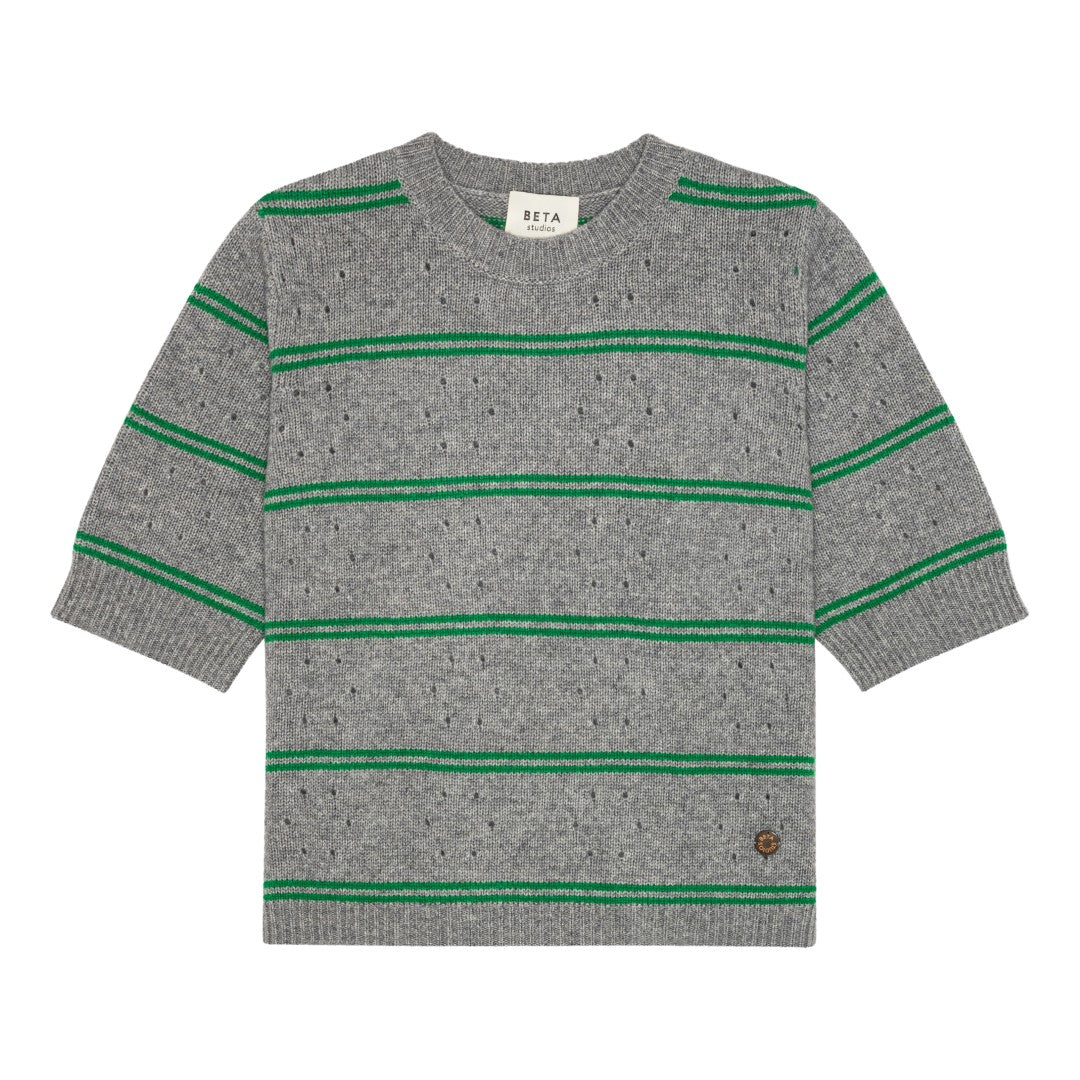 Beta Studios Mille Short Sleeve Uld/Cashmere Tops Grey Melange/Emerald