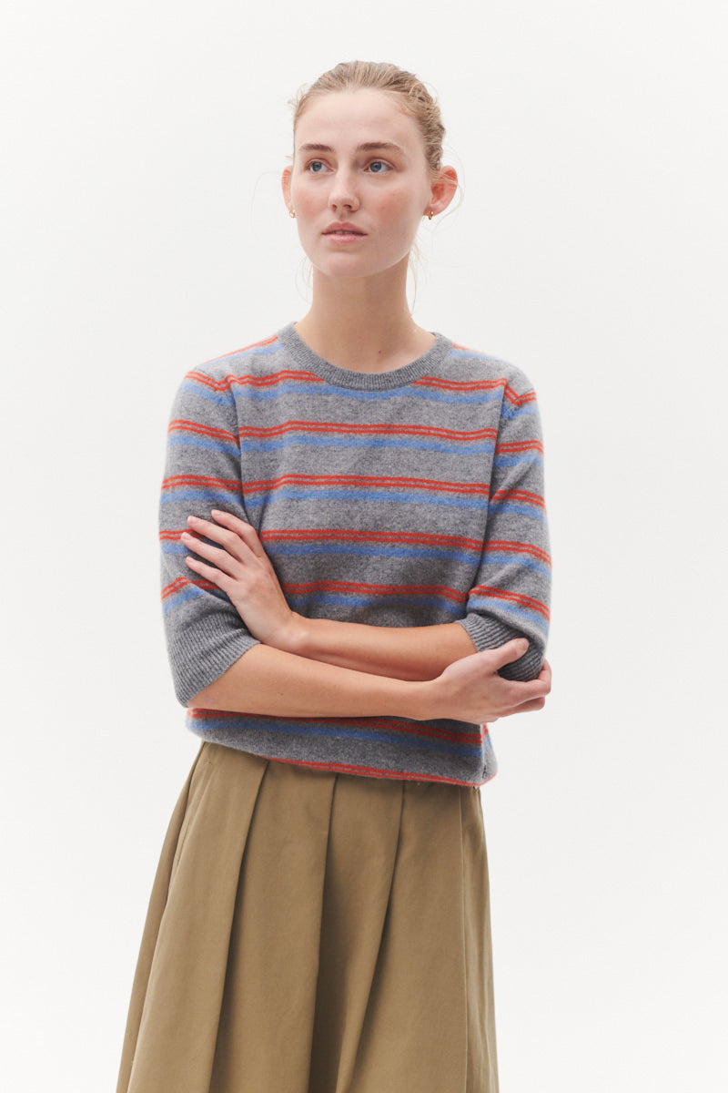 Beta Studios Mini Stripes Lady Sleeve Cashmere Tops Grey Melange/Turtle Dove Blue/Fresh Zest Orange