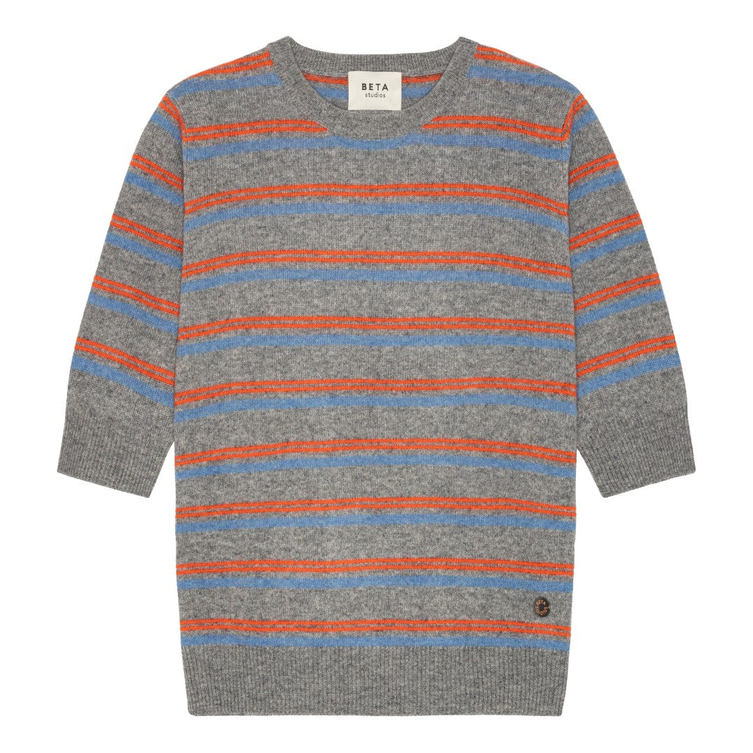 Beta Studios Mini Stripes Lady Sleeve Cashmere Tops Grey Melange/Turtle Dove Blue/Fresh Zest Orange