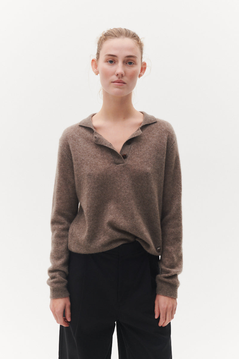 Beta Studios Missy Polo Cashmere/Silk Top Funghi Brown