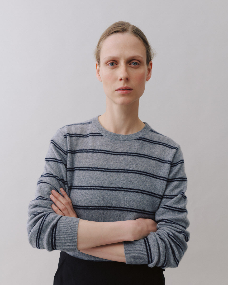 Beta Studios Noa O_neck Stripe Cashmere Tops Grey Melange/Navy